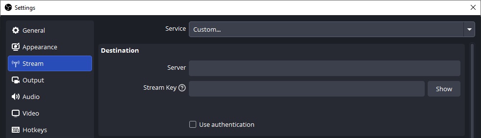 OBS Studio Stream settings showing server and stream key fields